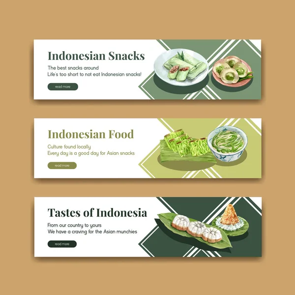 Banner Mall Med Indonesiska Mellanmål Koncept Akvarell Illustration — Stock vektor