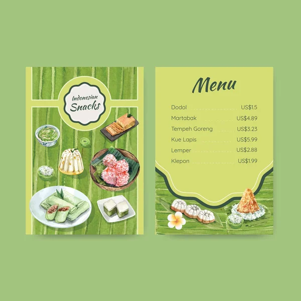 Modelo Menu Com Conceito Lanche Indonésio Watercolor Illustratio — Vetor de Stock