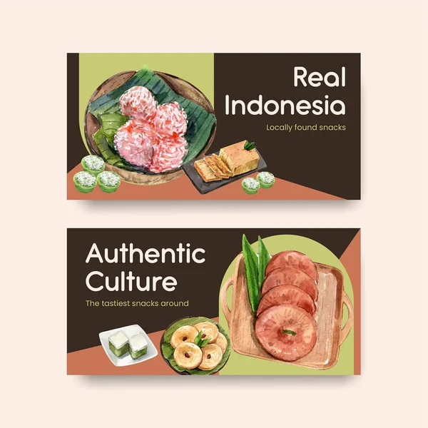 Modèle Twitter Avec Concept Snack Indonésien Illustration Aquarelle — Image vectorielle