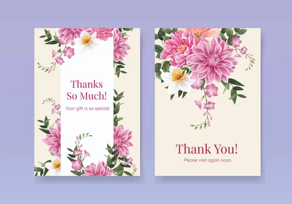 Thank You Card Template Spring Flower Concept Watercolor Styl — Stock Vector