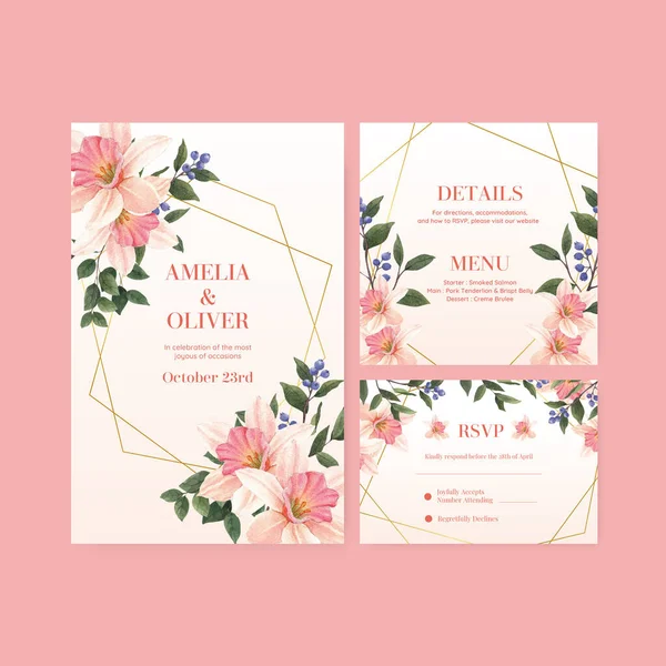 Hochzeitskarten Vorlage Mit Frühlingsblumen Konzept Aquarell Styling — Stockvektor