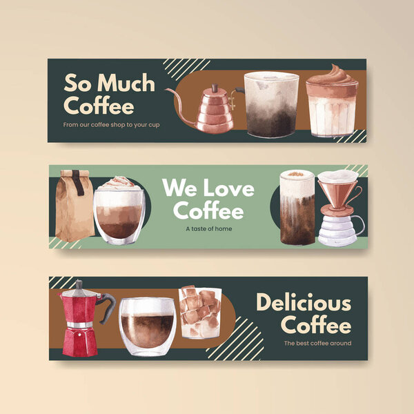 Шаблон баннера с концепцией кофе акварель иллюстрации