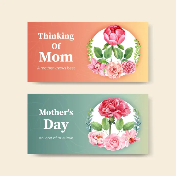 Modello Twitter Con Happy Mothers Day Concetto Acquerello Illustratio — Vettoriale Stock