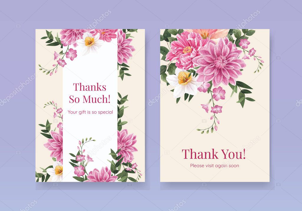 Thank you card template with spring flower concept,watercolor styl