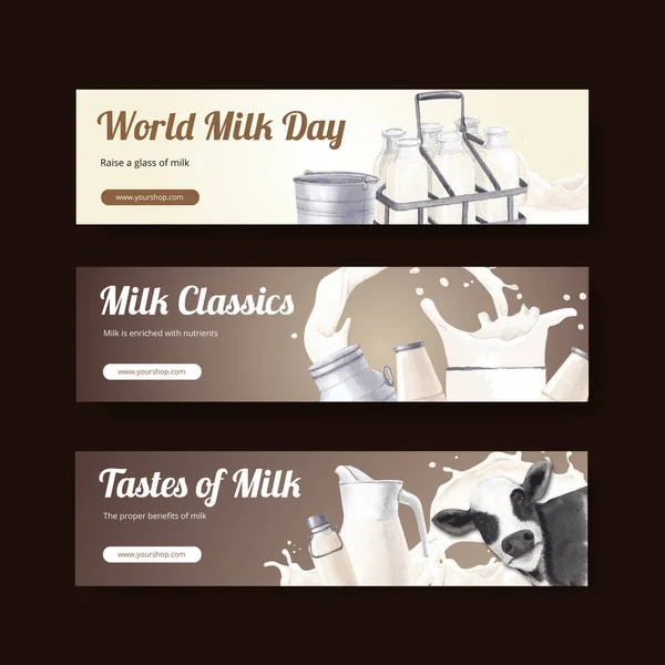 世界のミルクの日の概念とバナーテンプレート 水彩スタイル — ストックベクタ
