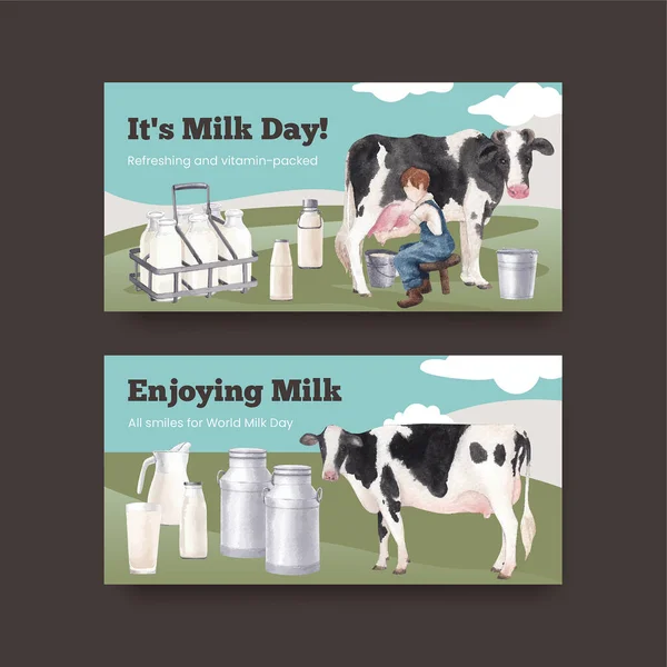 推特模板与世界牛奶日的概念 水彩画风格 — 图库矢量图片