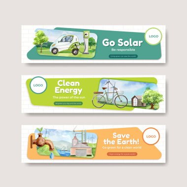 Yeşil enerji kavramlı sancak şablonu, suluboya stil