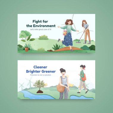 Dünya Çevre Günü konsepti ile Twitter şablonu, suluboya styl