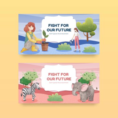 Dünya Çevre Günü konsepti ile Twitter şablonu, suluboya styl