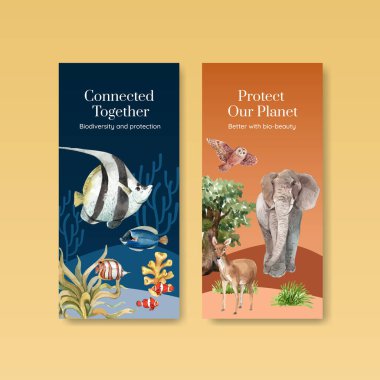 Biyolojik çeşitliliğe sahip el ilanı şablonu doğal vahşi yaşam türleri veya hayvan koruma kavramı, suluboya styl