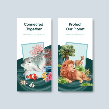 Biyolojik çeşitliliğe sahip el ilanı şablonu doğal vahşi yaşam türleri veya hayvan koruma kavramı, suluboya styl