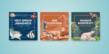 Biyolojik çeşitliliği doğal vahşi yaşam türleri ya da hayvan koruma kavramı olarak gösteren pankart, suluboya tarzı