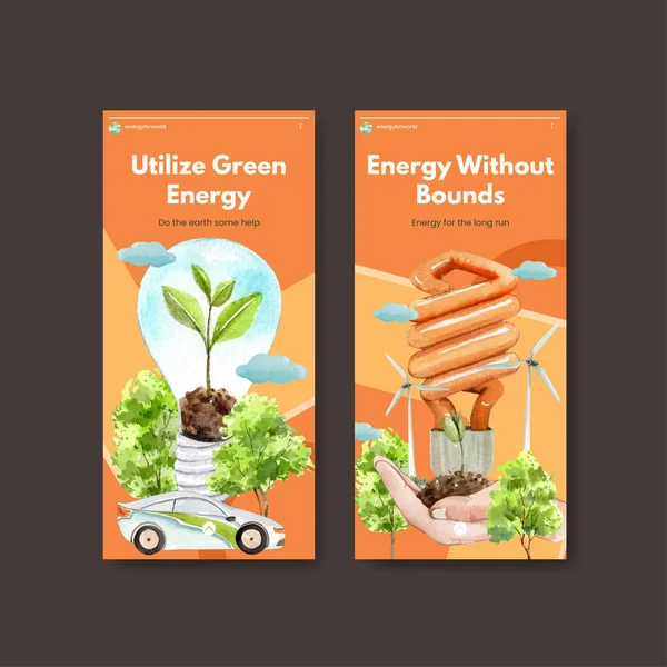 Yeşil Enerji Kavramlı Instagram Şablonu Suluboya Stil — Stok Vektör