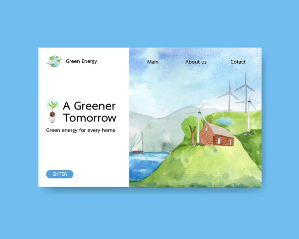 緑のエネルギーコンセプト 水彩風のウェブサイトテンプレート — ストックベクタ