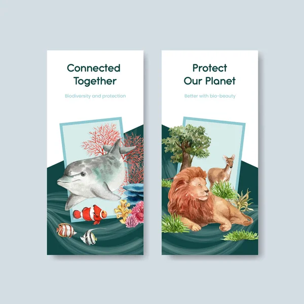 Biyolojik çeşitliliğe sahip el ilanı şablonu doğal vahşi yaşam türleri veya hayvan koruma kavramı, suluboya styl