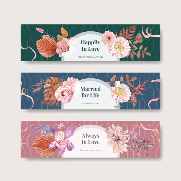 Banner Vorlage Mit Happy Wedding Konzept Aquarell Styling — Stockvektor