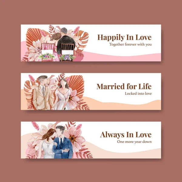 Banner Vorlage Mit Happy Wedding Konzept Aquarell Styling — Stockvektor