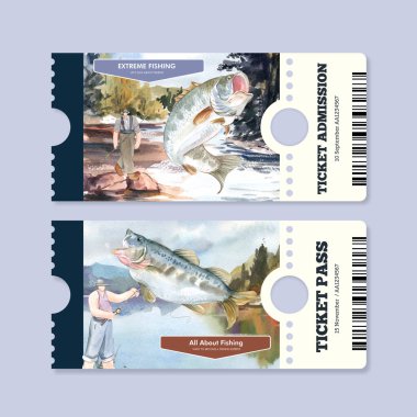 Balık kampı konseptiyle bilet şablonu, suluboya stil
