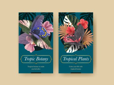 Tropikal botanik konsepti olan Instagram şablonu, suluboya stil