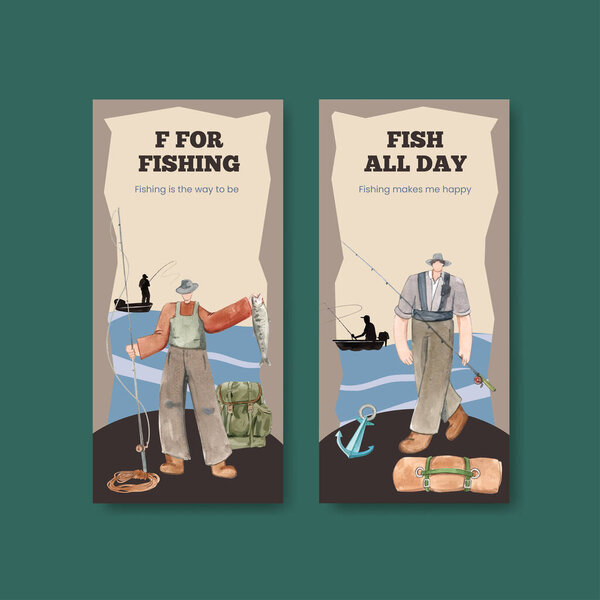 Шаблон-флаер с концепцией рыболовного лагеря, акварель