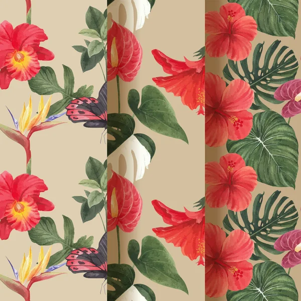 熱帯植物のコンセプトとシームレスなパターン 水彩スタイル — ストックベクタ