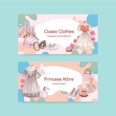 Prenses kıyafeti konsepti, suluboya stil içeren Twitter şablonu