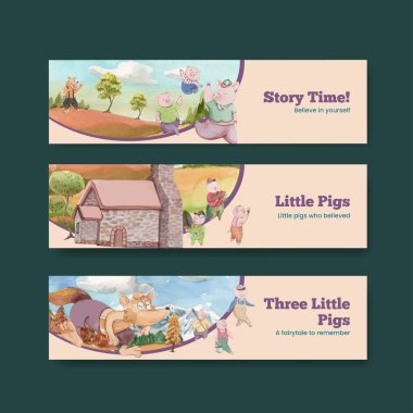 Banner şablonu üç küçük domuzcuk konsepti, suluboya stil