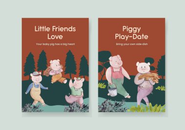 Kart şablonu üç küçük domuzcuk konsepti, suluboya stil.