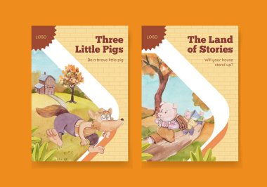 Kart şablonu üç küçük domuzcuk konsepti, suluboya stil.