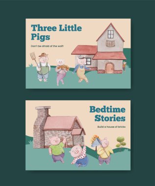 Facebook şablonu üç küçük domuzcuk konsepti, suluboya stil