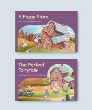 Facebook şablonu üç küçük domuzcuk konsepti, suluboya stil