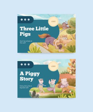 Facebook şablonu üç küçük domuzcuk konsepti, suluboya stil