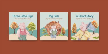 Banner şablonu üç küçük domuzcuk konsepti, suluboya stil