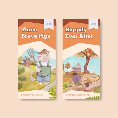 Üç küçük domuzcuk konsepti olan el ilanı şablonu, suluboya stil