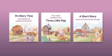 Banner şablonu üç küçük domuzcuk konsepti, suluboya stil