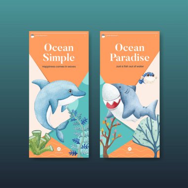 Instagram şablonu okyanus keyifli konsept, suluboya stil