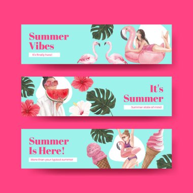 Yaz titreşimleri konsepti olan pankart şablonu, suluboya stil