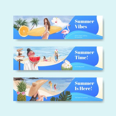 Yaz titreşimleri konsepti olan pankart şablonu, suluboya stil