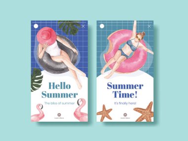 Yaz titreşimleri konsepti olan Instagram şablonu, suluboya stil