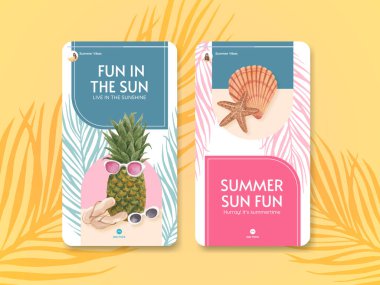 Yaz titreşimleri konsepti olan Instagram şablonu, suluboya stil