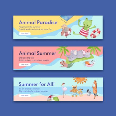 Hayvanlarla ilgili afiş şablonu yaz konsepti, suluboya stil