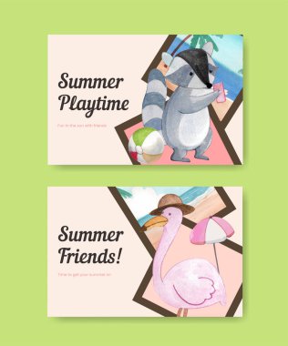 Hayvanlarla dolu Facebook şablonu Yaz konsepti, suluboya stil