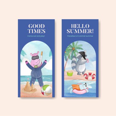 Hayvanlarla dolu el ilanı şablonu yaz konsepti, suluboya stil