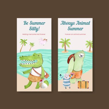 Hayvanlarla dolu el ilanı şablonu yaz konsepti, suluboya stil