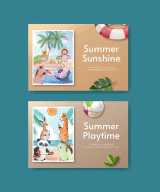 Hayvanlarla dolu Facebook şablonu Yaz konsepti, suluboya stil