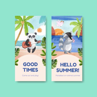 Hayvanlarla dolu el ilanı şablonu yaz konsepti, suluboya stil