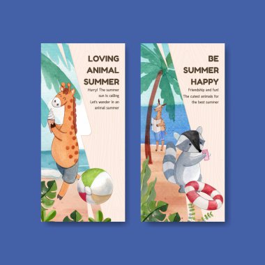 Hayvanlarla dolu el ilanı şablonu yaz konsepti, suluboya stil