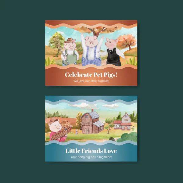 卡片模板与可爱的三个小猪概念 水彩画风格 — 图库矢量图片