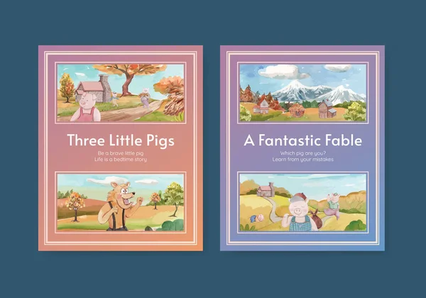 Книга Искушает Симпатичными Тремя Маленькими Свиньями Акварельным Стилем — стоковый вектор