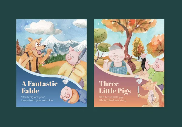 Modèle Livre Couverture Avec Mignon Trois Petits Cochons Concept Aquarelle — Image vectorielle